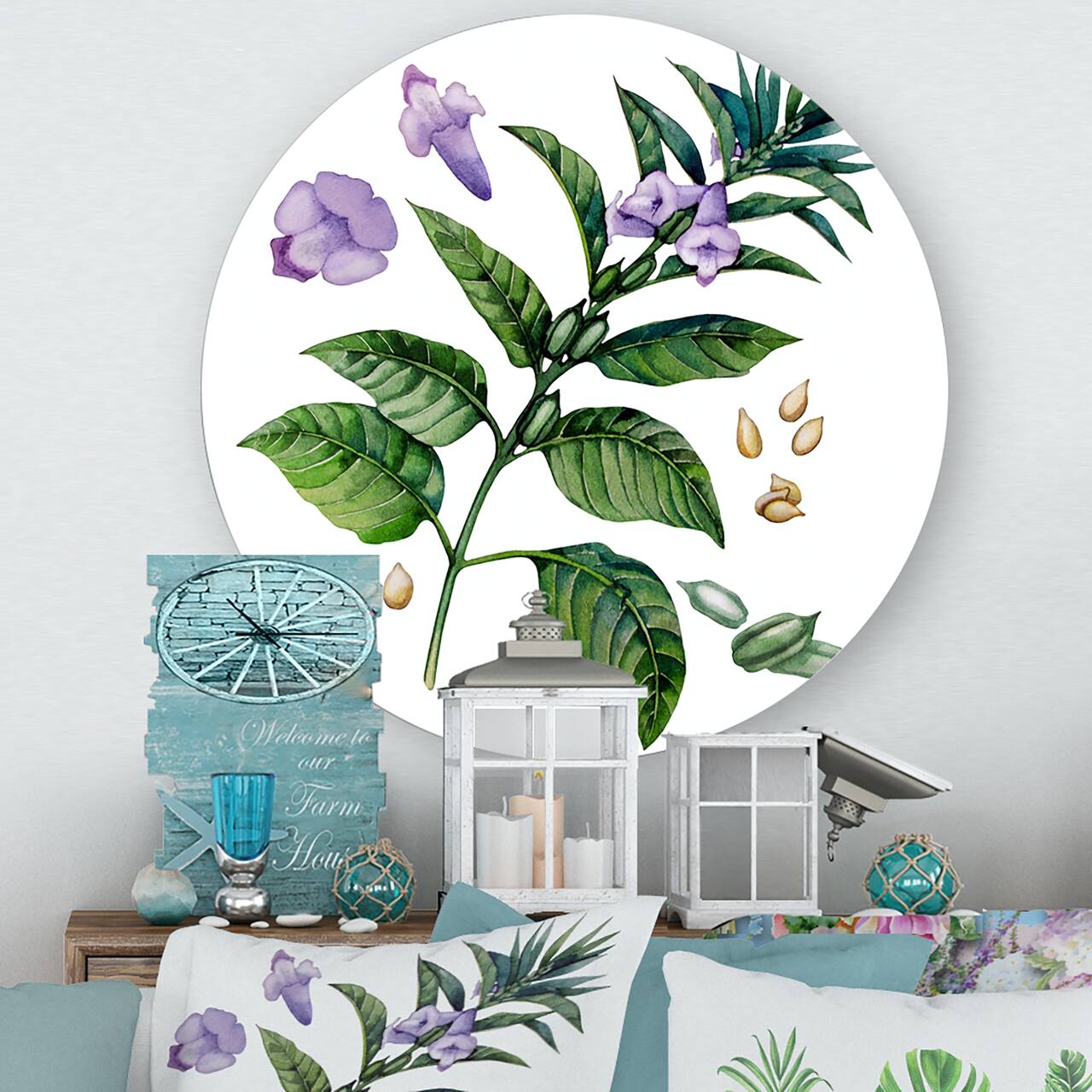 Designart - Purple Sesame Flowers WIth Green Leaves - Traditional Metal Circle Wall Art